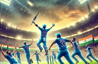 Indian cricket team celebrating a last-ball victory
