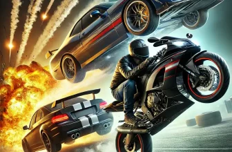 an intense car and bike stunt scene from an bollywood action movie