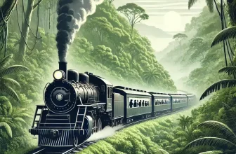 train traveling through a lush green jungle