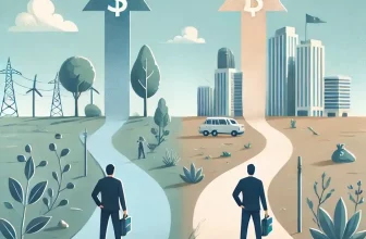 two individuals standing on different paths, One path represents wealth and financial success