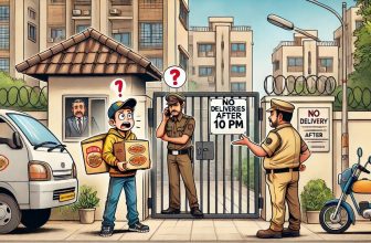 A food delivery person is being stopped by a strict security after 10PM