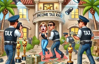 A humorous cartoon illustration of an Income Tax raid on a celebrity's luxurious home