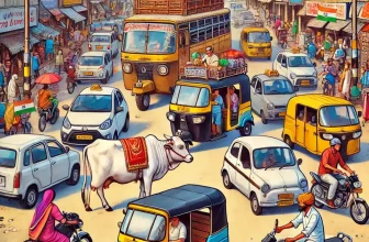 A lively and chaotic Indian road scene