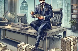 a billionaire sitting in a luxurious office, counting stacks of Indian rupee