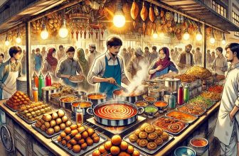 a bustling Indian street food stall filled with vibrant and delicious dishes