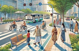a diverse group of Indian people in a city setting, enjoying smart urban design features