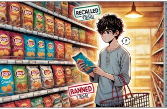 a young Indian shopper standing in front of a colorful snack shelf in a grocery store