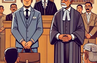 an Indian business tycoon standing in a courtroom, receiving a sentence from a judge