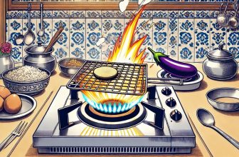 an Indian kitchen scene where a gas stove burner is being used to roast papad and baingan
