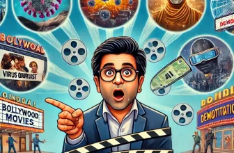 cartoon illustration depicting Bollywood movies predicting the future