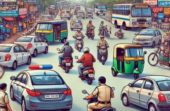 illustration of a busy Indian road with vehicles violating traffic rules
