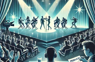 illustration of a reality TV show set, capturing both the on-stage glamour and behind-the-scenes manipulation