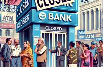 illustration of worried customers standing in front of a closed Indian bank