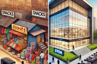 transformation of a small roadside shop into a giant corporate building