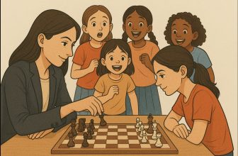 woman grandmaster playing chess with kids