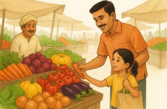 a girl with father buying colorful vegetables