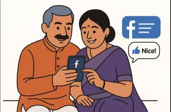 old couple checking facebook updates on phone