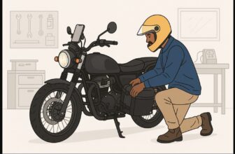 a biker installing essential accessories for long trip