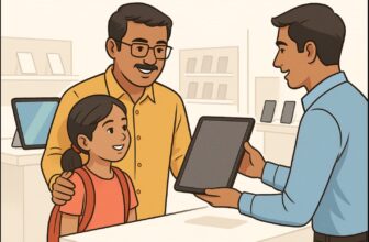 a father buying a android tablet for his daughter