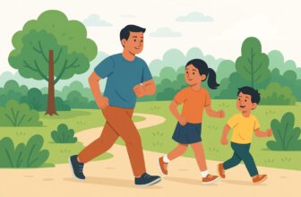 father and kids enjoying morning walk