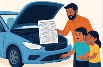 a father with kids checking car for regular maintenance