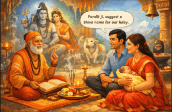 family in shiva temple asking pandit ji for baby name