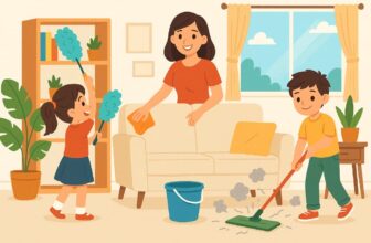 family removing dust and cleaning home interior